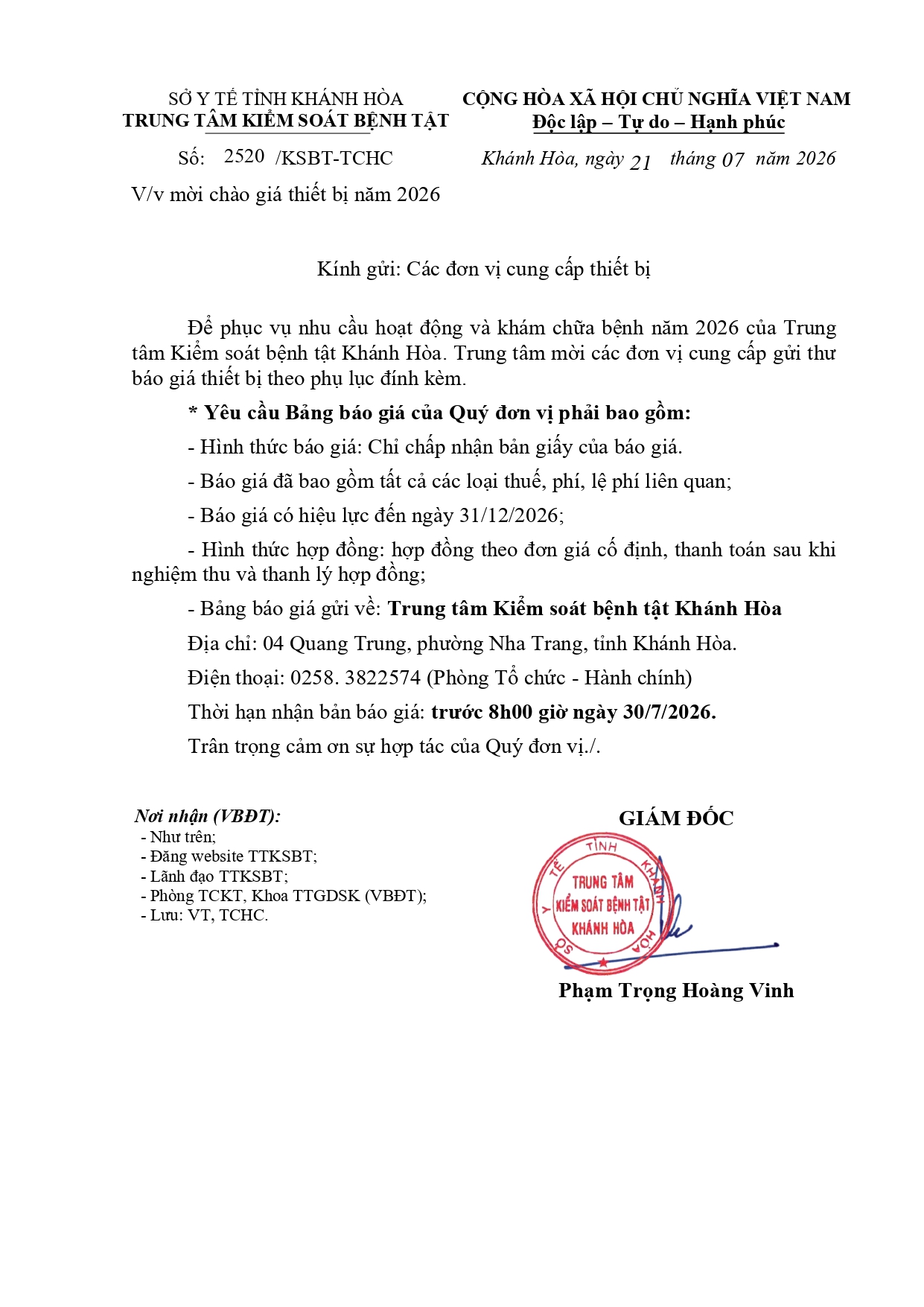 V/v mời chào giá thiết bị năm 2026